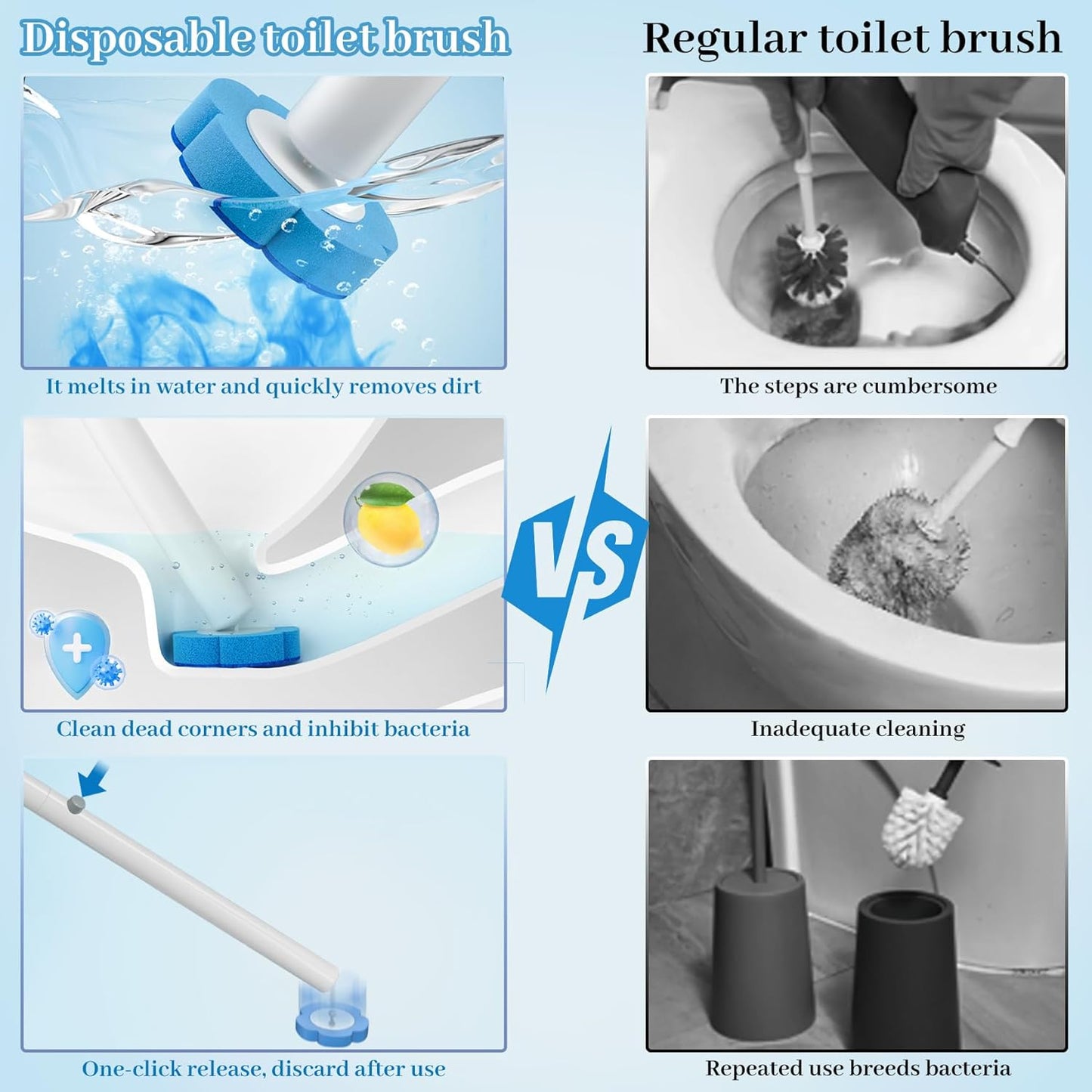 Disposable Toilet Brush Set with Holder, Angled Cleaning Wand with 24 Refill Heads, Wall-Mounted Hygienic Toilet Cleaner (Ocean, Lemon, Lavender Scents)