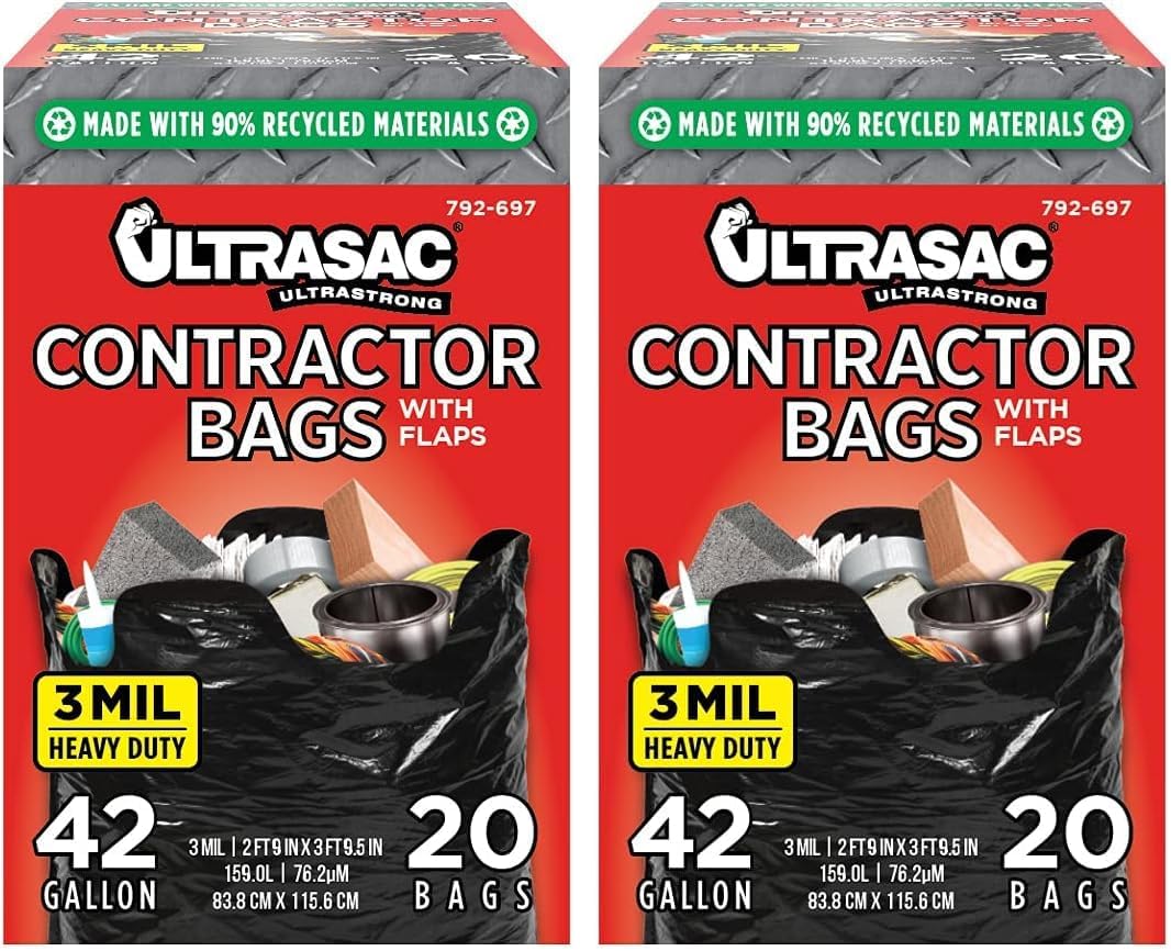 Ultrasac Contractor Bags 42 Gallon (20 PACK/w FLAP TIES), 32.75 x 44.5-3 MIL Thick Large Black Heavy Duty Industrial Garbage Trashbags for Professional Construction and Commercial use