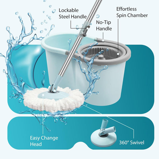 Spin Mop and Bucket with Wringer Set, Operable 360° Rotating Mop Bucket Set with 3 Microfiber Replacement Head, Stainless Steel Extended Handle for Floor Cleaning Home Office(Blue)