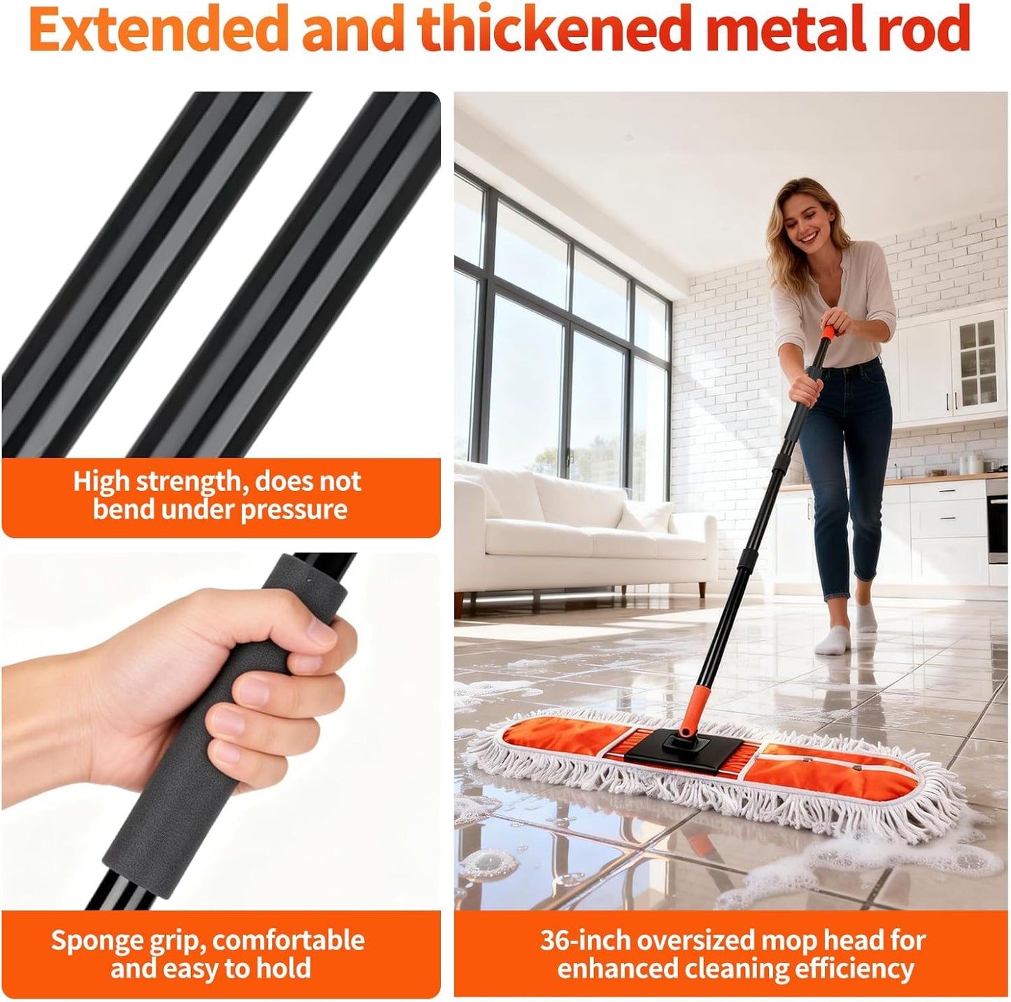 36" Large Commercial Dust Mops for Industrial Floor ,Marble, Laminate,Tile,Concrete,Garage. Janitor Broom Wide Dry mop for Hardwood ,Heavy Duty Long Handle Hotel Gym Household Cleaning Supplies