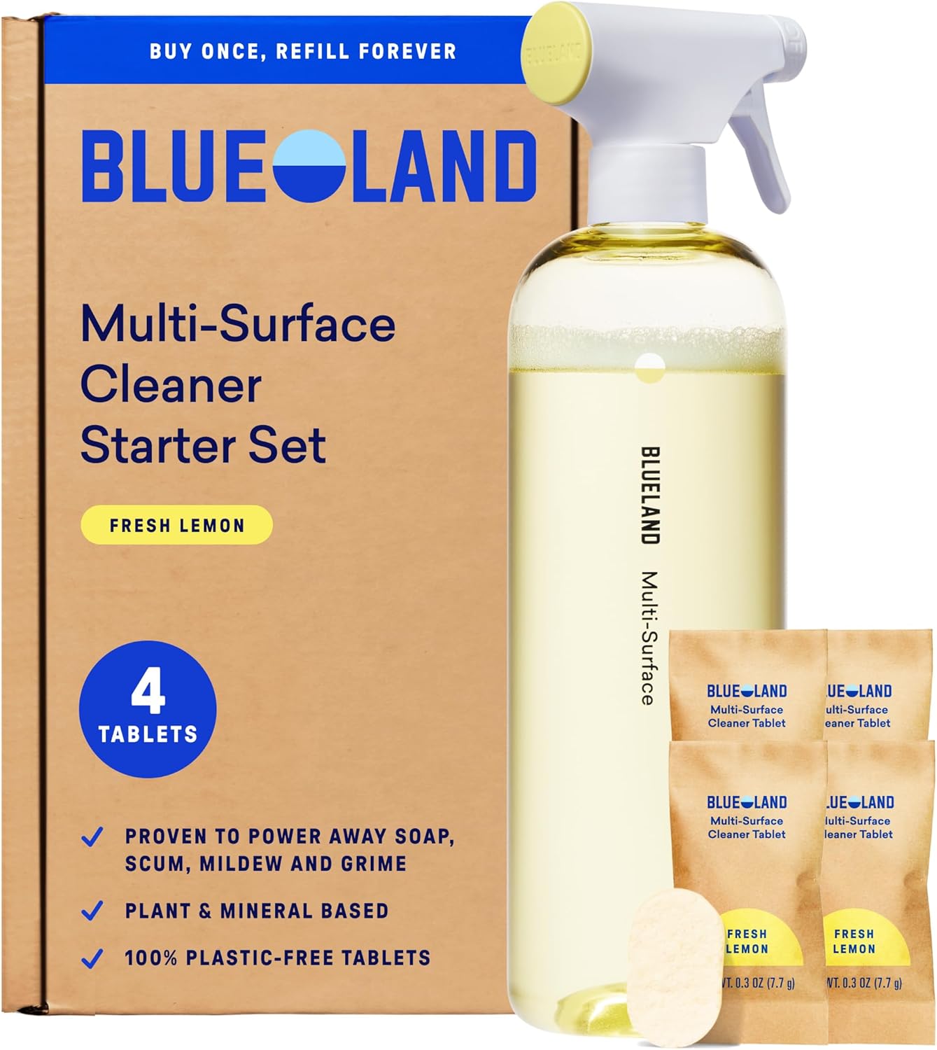 BLUELAND Multi-surface Cleaner, 4-Pack Refill, Fresh Lemon Scent, All-Purpose, Eco-Friendly Cleaning Supplies, 4 x 24 Fl oz