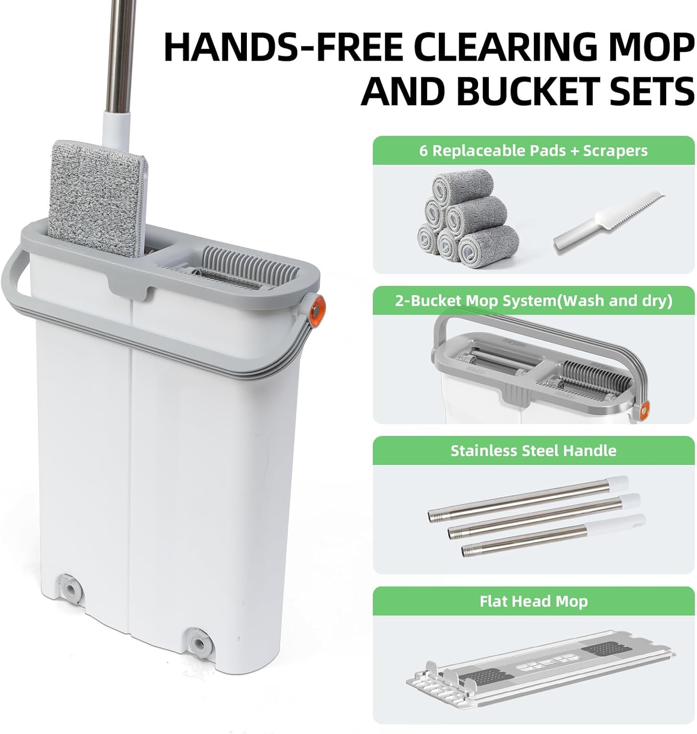 Mop and Bucket Set with Wringer Flat Mop Bucket System for Home Floor Cleaning,6 Reusable Microfiber Pads,Extended Stainless Steel Handle,Ideal for Hardwood,Wood,Laminate Floors,and Bathroom Mop