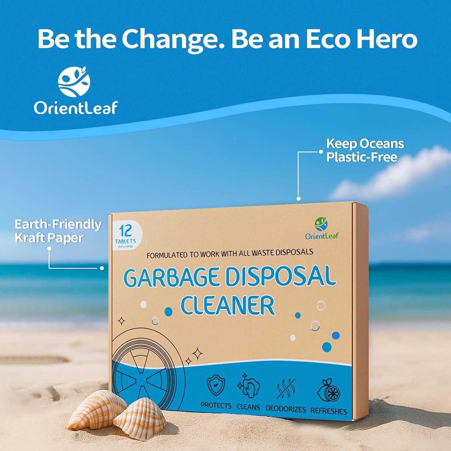 ORIENTLEAF Garbage Disposal Cleaner and Deodorizer Tablets 20g 1 Year Supply Sink Cleaner, Prevents Odors, Natural Kitchen Drain Cleaning Care 12 Pack