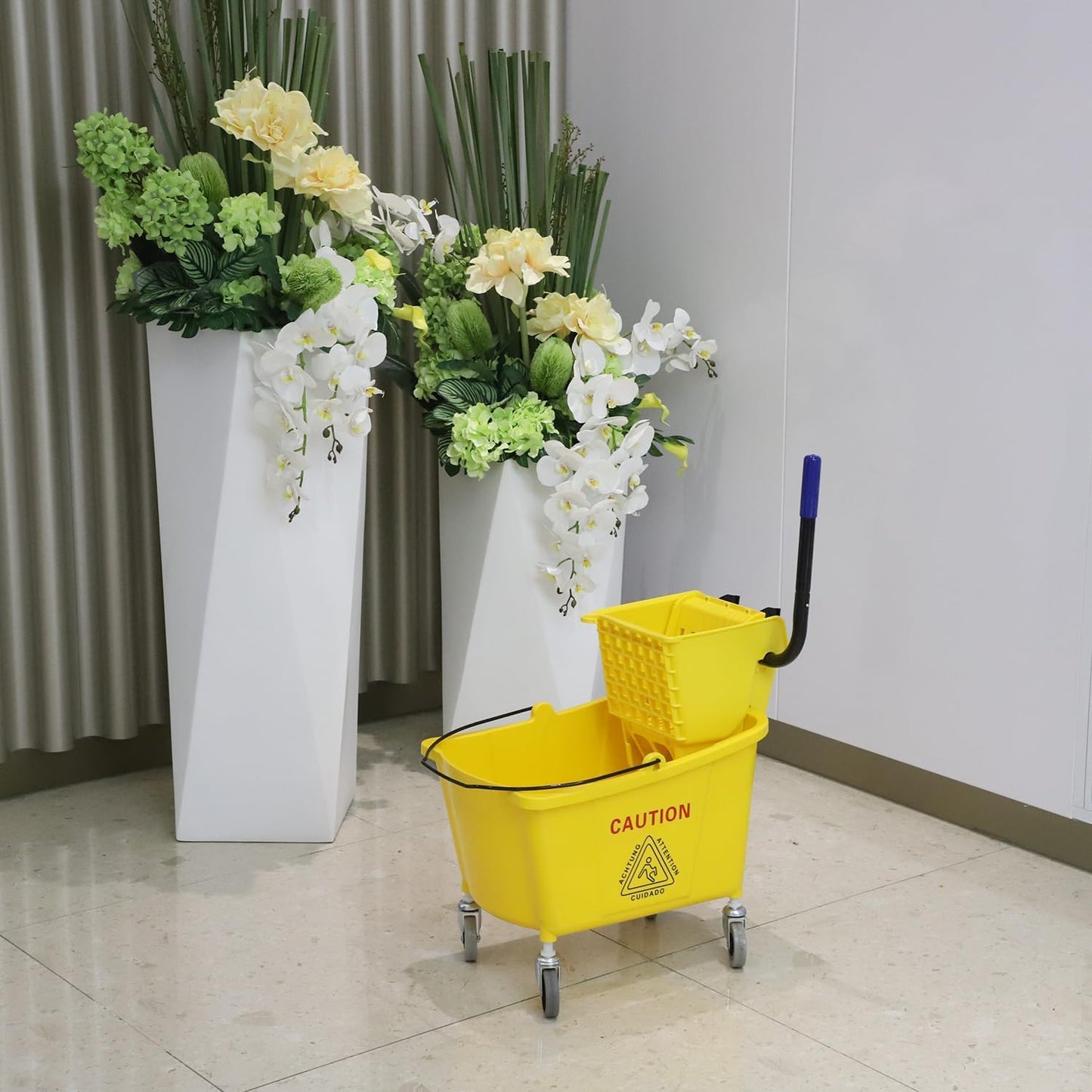 Midoneat Mop Bucket with Wringer, 22 Qt (5.5 Gallon), Handle, Wheels,Floor Cleaning, 16.5" L x 10.6" W x 26.4" H, Yellow,Add One Cotton Mop
