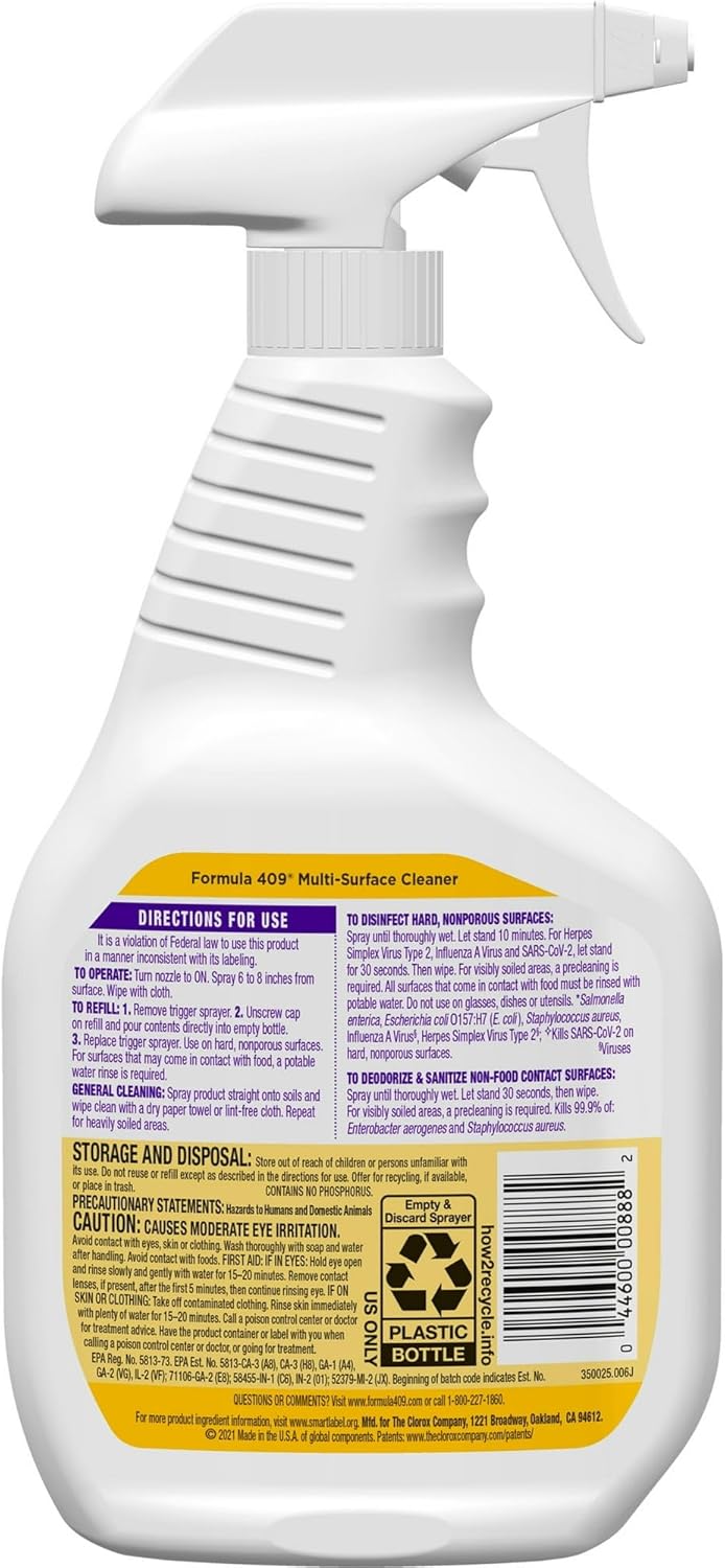409 Multi-Surface Antibacterial Cleaner Degreaser Spray 32 Fl Oz, Lemon Scent, Kills 99.9% of Germs and Viruses bundled with Microfiber Cleaning Cloth