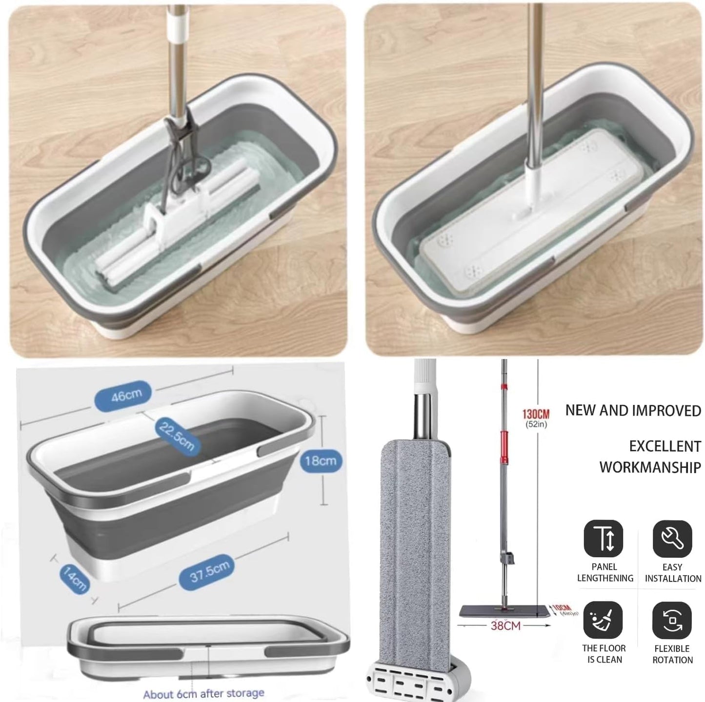 Large Flat Mop and Scalable Bucket with Wheels, 360 Rotating Microfiber Dust Mop with Dewatering Scraper, 54" Adjustable Stainless Steel (1 Mop + 4 Microfiber Pads + 1 Bucket)