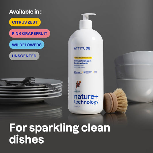 ATTITUDE Dish Soap, EWG Verified, Plant-Based & Vegan Dishwashing Liquid, Naturally Derived, Citrus Zest Scent, 33.8 Fl Oz
