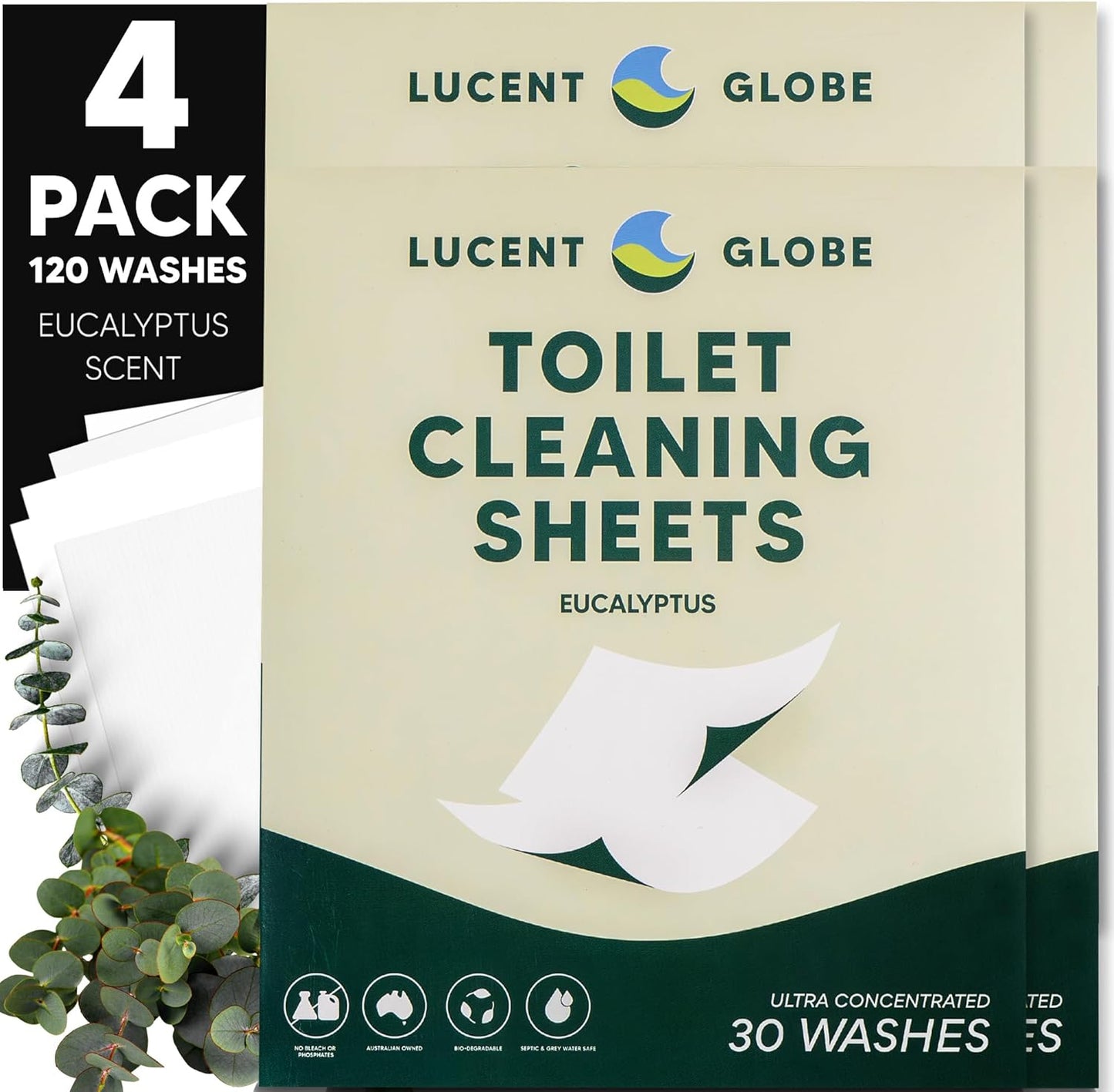 Lucent Globe Toilet Cleaning Sheets | Strips - Tough on Dirt & Stains - Safe for Toilets & Septic Systems - Convenient and Travel Friendly Toilet Bowl Cleaner - Fresh Eucalyptus