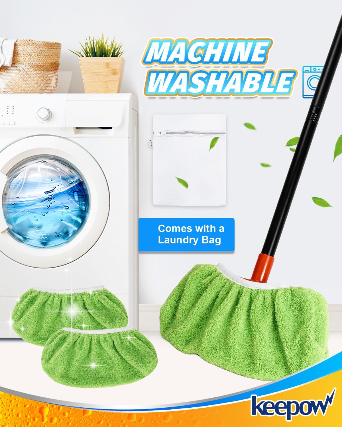 KEEPOW 4 Pack Washable Chenille Broom Pads, Baseboard Cleaner Cloth Covers for Daily Dusting, Reusable Broom Covers Compatible with Standard Brooms Under 11×5.9 in for Floors & Walls (Blue & Green