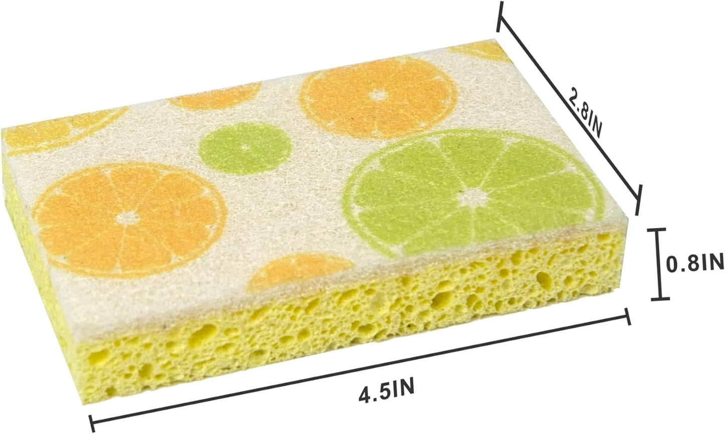 CELOX Lemon Printed Dual Sided Scrub Dish Sponges, Non Scratch Sponge for Kitchen Cleaning, 4.5" x 2.8" x 0.8" (6)