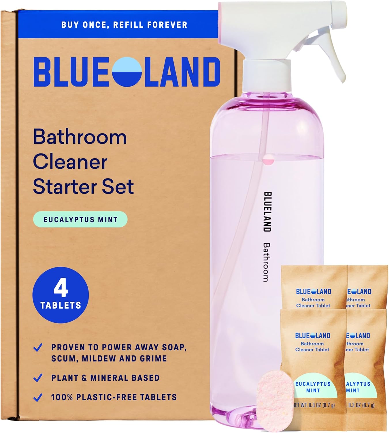 BLUELAND Bathroom Cleaner, 4-Pack Refill, Eucalyptus Mint Scent, Eco-Friendly Cleaning Supplies, 4 x 24 Fl oz