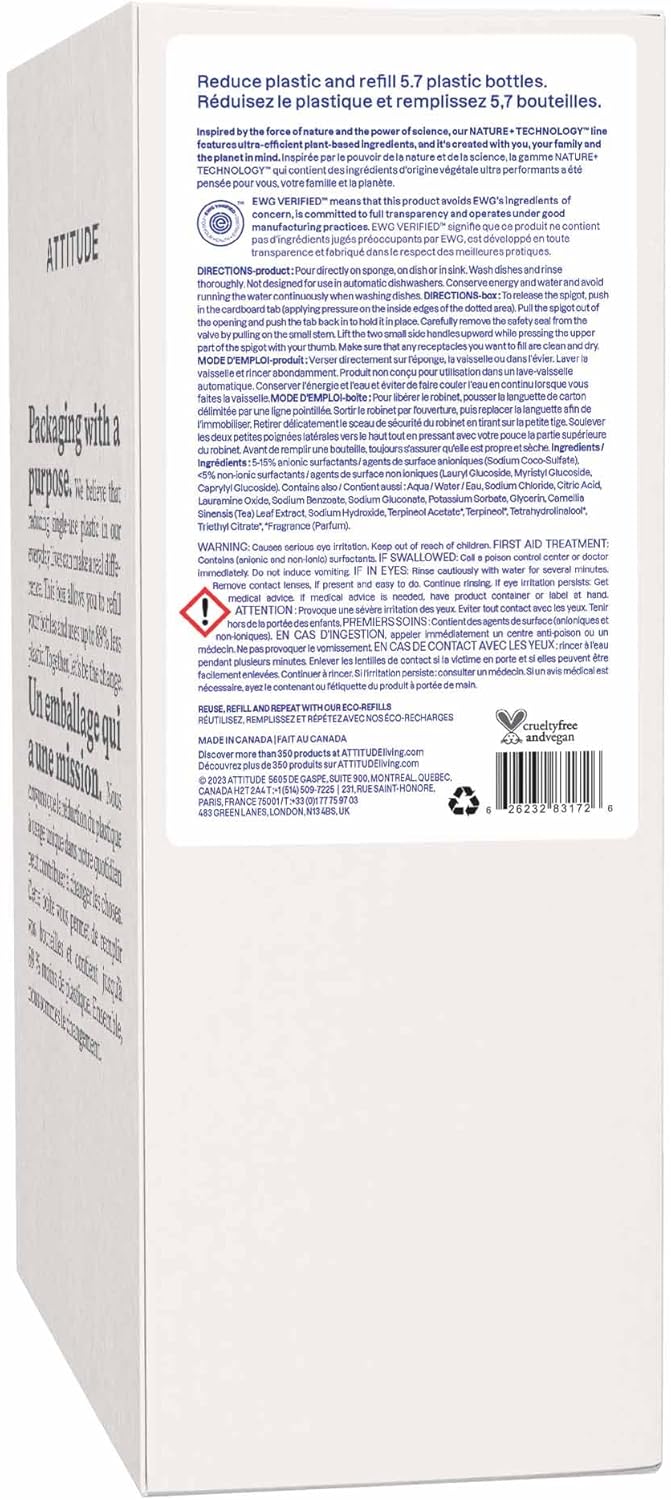 ATTITUDE Dish Soap, EWG Verified, Plant-Based & Vegan Dishwashing Liquid, Naturally Derived, Citrus Zest, 23.7 Fl Oz (Pack of 3)