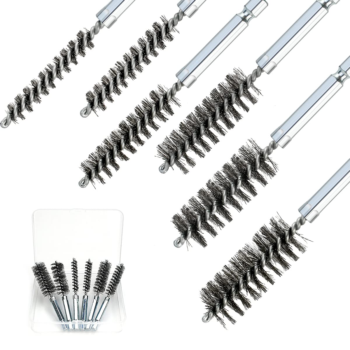 6 Pcs Stainless Steel Bore Brush Set with 1/4" Hex Shank Twisted Wire Bristles, Different Sizes (8, 10, 12, 15, 17, 19mm) for Rust and Tube Cleaning