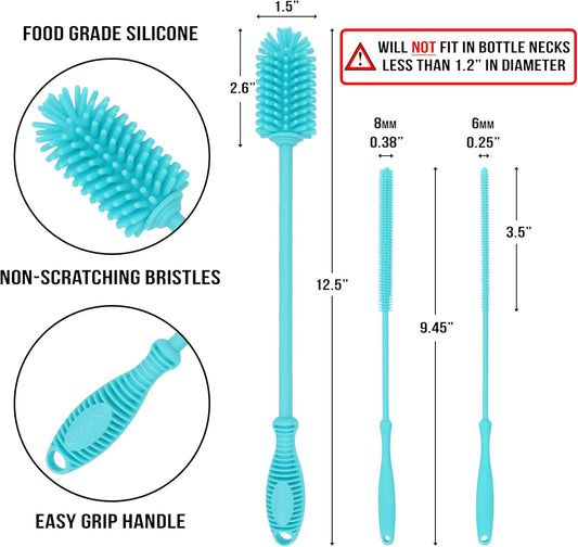 Kitchiny Silicone Bottle Brush with 2 Straw Cleaners - 12.5” Water Bottle Cleaner Brush for Yeti, Hydro Flask, Owala, Stanley, Baby Bottles, Glassware, Vases & Narrow Neck Containers - Grey