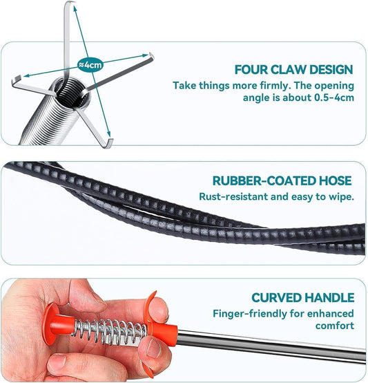 76 Inch Drain Snake Clog Remover, Flexible 4-Claw Grabber Tool,Toilet Sink Shower Bathtub Drain Cleaner for Hair Removal