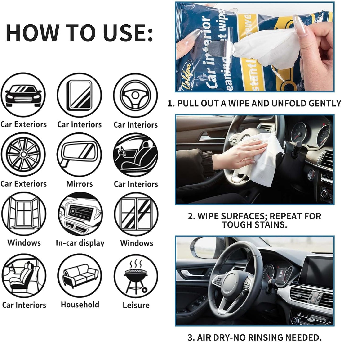 Car Interior Cleaning Wipes - Pre-Moistened Wet Wipes for Dashboard, Leather Seats, Console, Low-Residue Formula, Streak-Free Finish