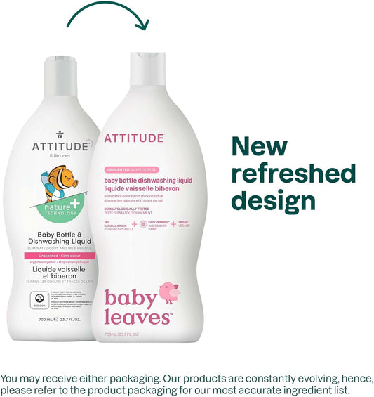 ATTITUDE Baby Bottle & Dish Soap, EWG Verified Bottle Cleaner, Fragrance Free & Dye Free, Removes Milk Residue & Grease, Vegan, Unscented, 23.7 Fl Oz