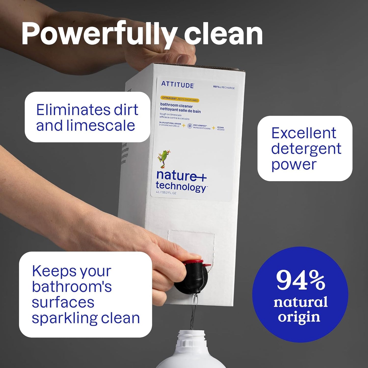 ATTITUDE Bathroom Cleaner Spray, Natural Origin Ingredients, EWG Verified, Eliminates Soap Scum, Limescale, Streak Free, Lemon & Rosewood, 26 Fl Oz