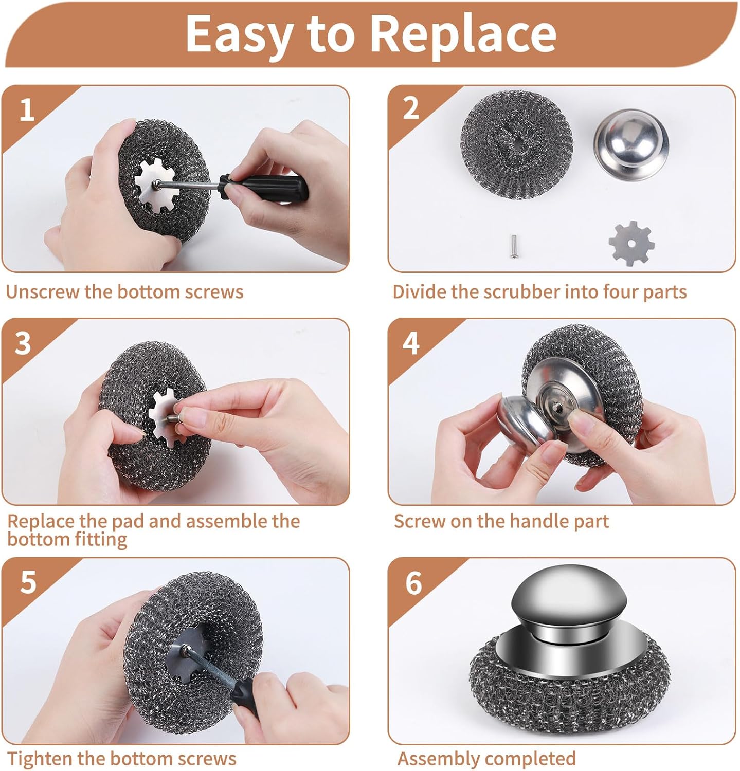 5Pcs Steel Wool Scrubber with Replacement Wire Sponge Pads Set, Stainless Steel Scrubber with Handle for Scouring Stubborn Messes from Cast Iron, Pots, Pans, Grill, Stoves, Sink(1 Scrubber+4 Pads)