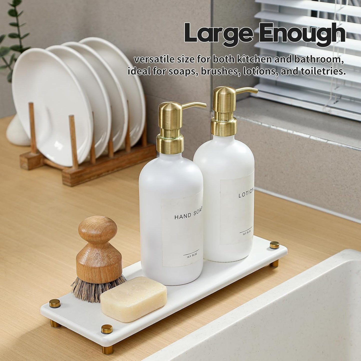 Razborci Water Absorbing Stone Sink Caddy, Diatomite Kitchen Sink Organizer, Bathroom Counter Tray, Faucet Drying Mat Coaster Soap Dish Rack Riser Dispenser Sponge Holder, Silver, White 10" x 4"