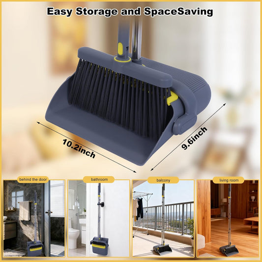 Heavy Duty Broom and Standing Dustpan Combo Set, Rotatable Head Dust Pan and Brush Set with Collapsible Handle, Cleaning Teeth, Hanging Loop, Ideal for Pets, RV, Kitchen, Camping, Outdoor Floor, White