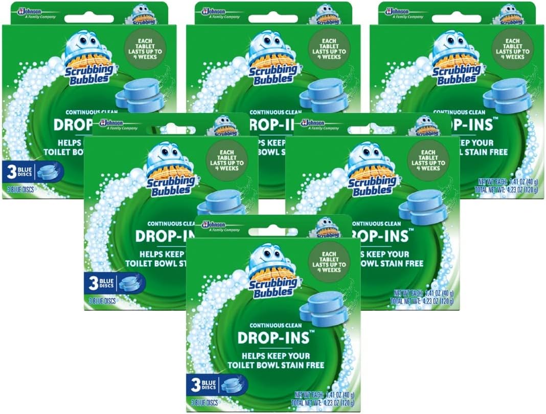 Scrubbing Bubbles Continuous Clean Toilet Drop-Ins, Automatic Blue Toilet Bowl Cleaner, Septic-Safe Tank Tablets Remove Hard Water Minerals & Limescale, Stain & Smell Protection, 3 Count (Pack of 1)