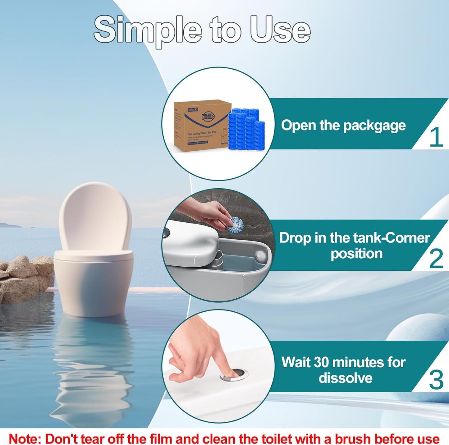 KIISIISO Automatic Toilet Bowl Cleaner Tablets Blue 30 Pack, Drop-In Tank Cleaner for Bathroom, Prevent Stains & Deodorize, Septic Safe, Long-Lasting Cleaning Tabs - Fresh Scent