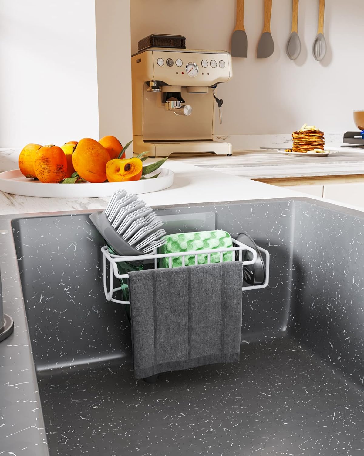 HapiRm 4 in 1 Kitchen Organizers and Storage, SUS304 Stainless Steel Brush Holder + Dish Cloth Hanger + Soap Rack + Sink Stopper Rack, No Drill Kitchen Essentials - Black