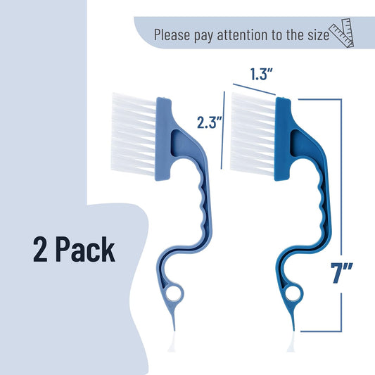 Slick- Window Track Cleaning Brush, 2 Pack, Blue Ergonomic Handle, Built-in Scraper, Multipurpose, Window Track Cleaning Tools