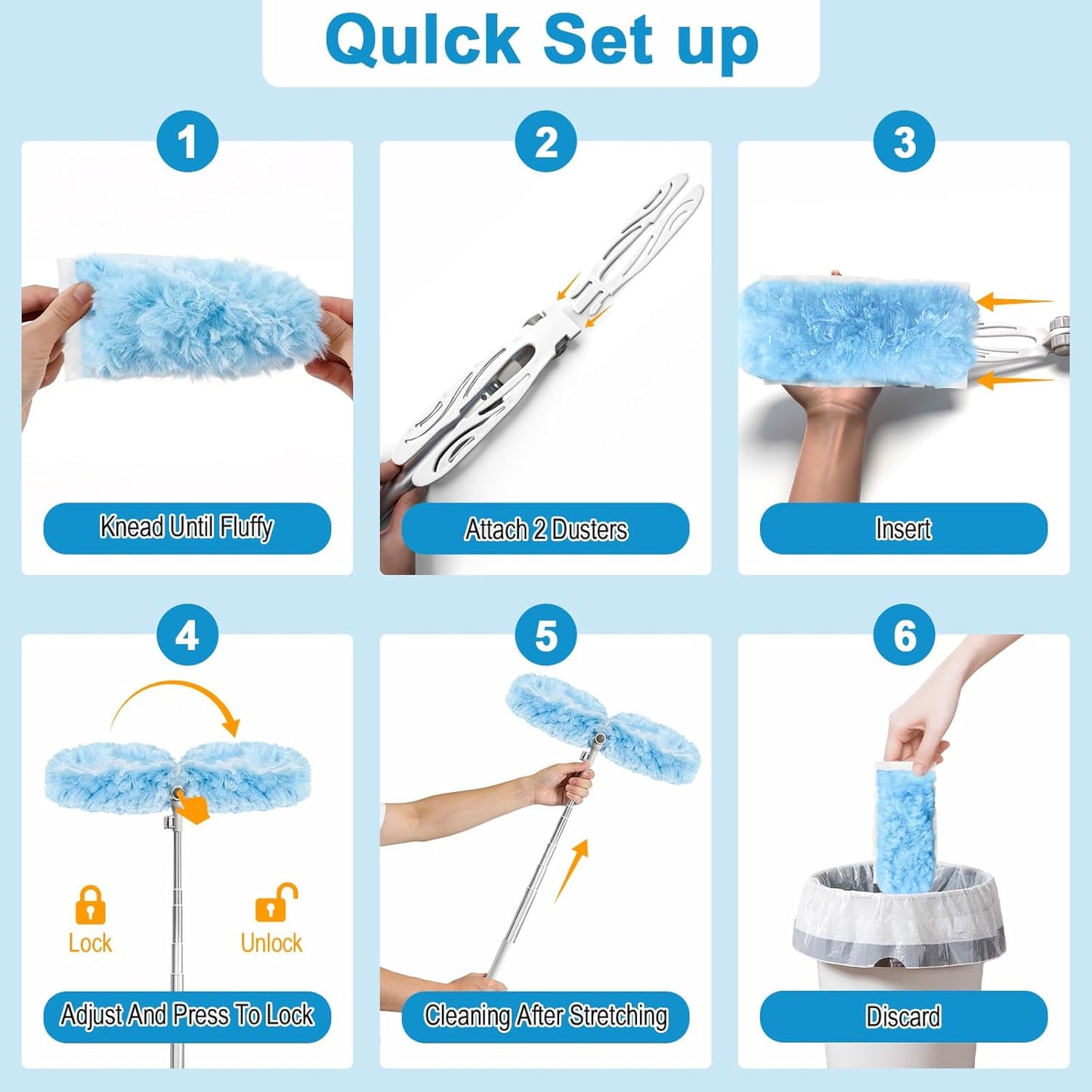 6 ft Extendable Duster Handle with 20 Refills, Duster with Extension Pole, Disposable Microfiber Dusting Pads for Home Cleaning,High Ceiling, Fan, Window, Hard-to-Reach Areas