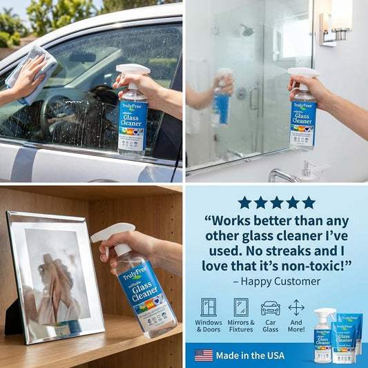 Truly Free Natural Glass Cleaner Kit - Removes Dirt & Debris for Sparkling Clean Windows & Glass Surfaces at Home, Office & Garage, Includes 16 oz Reusable Empty Bottle + Two Fills, 3 oz ea.