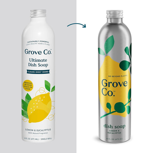 Grove Co. Ultimate Dish Soap Refills (3x16 Fl Oz) Removes 48-hr Stuck-on Food and Grease,Plastic Free Cleaning Products,100% Natural Lemon&Eucalyptus Fragrance,Pack of 1,16.0 Fl Oz,16.0 fluid_ounces
