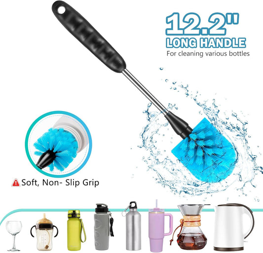 12.2 inch Bottle Brush Set of Three,Washable Coffee Cups, Water Bottles, Baby Bottles, Straws, to-go Cups, Long-Handled 3-in-1 Stainless Steel Bottle Brushes.