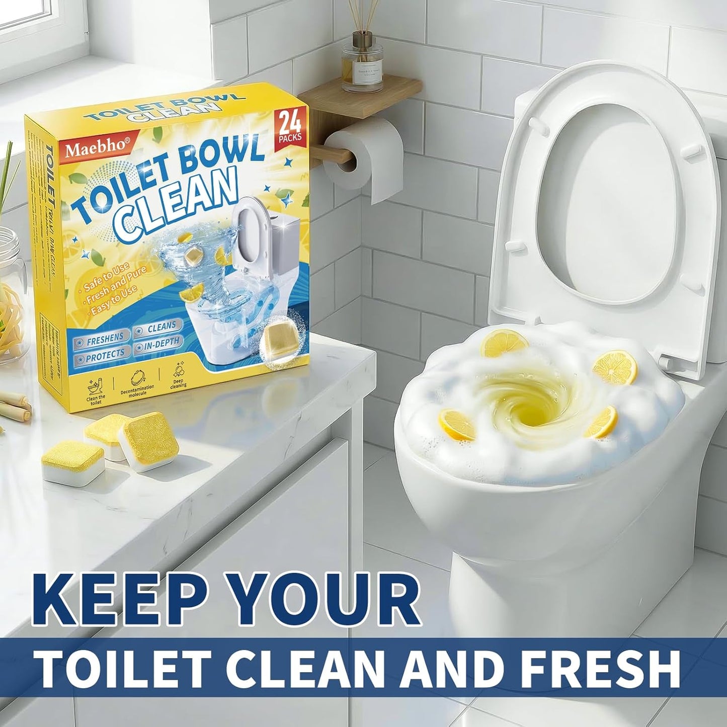 Toilet Bowl Cleaner Tablets – Deodorizer & Septic Safe, Odor Eliminator, Stain Remover for Long-Lasting Freshness – Fresh Lemon Scent 24 Pack