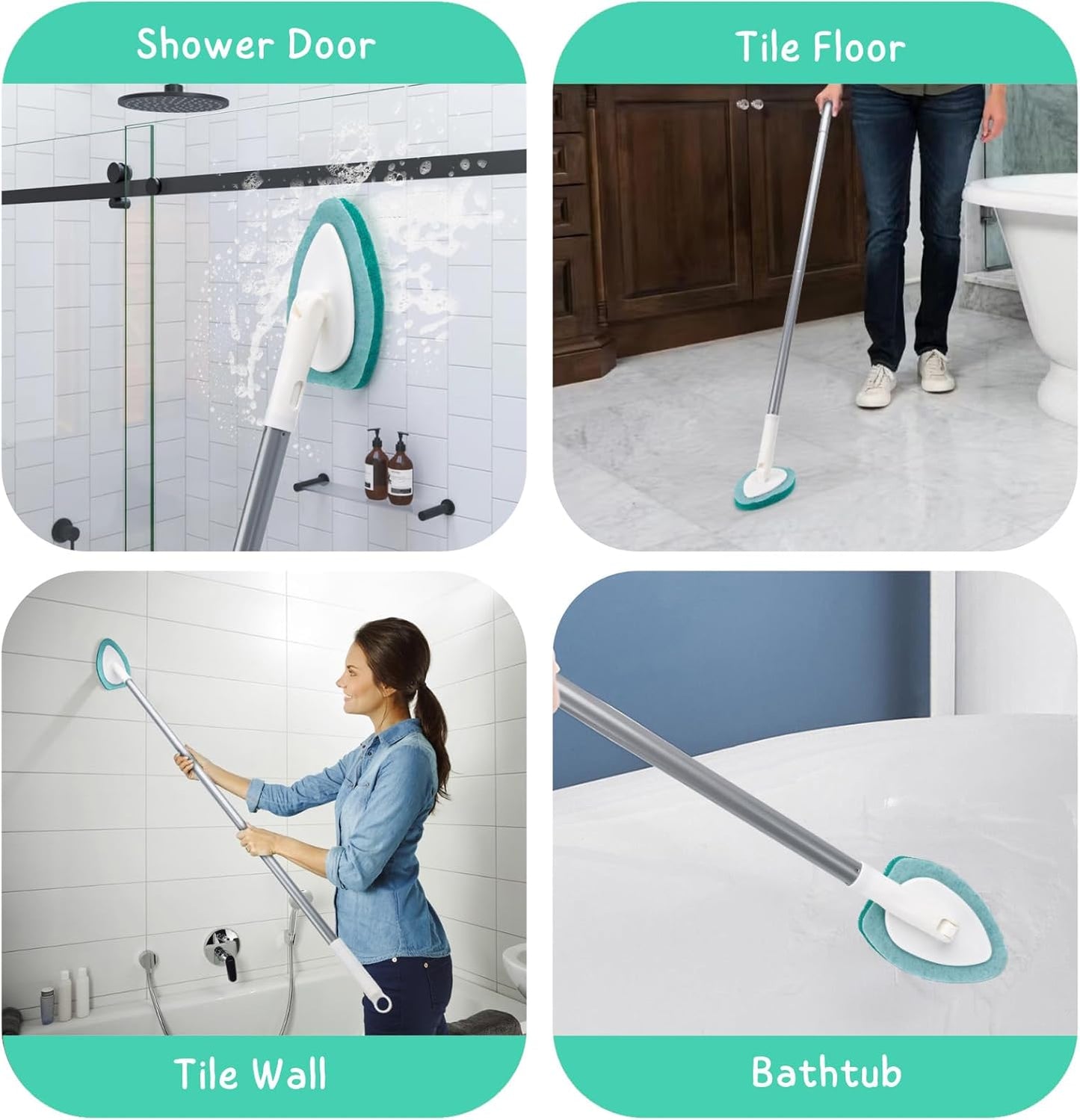 Shower Scrubber, Bathroom Tub and Tile Cleaner Brush with Long Handle, 47'' Bathtub Cleaning Tool with 6 Refill Pads