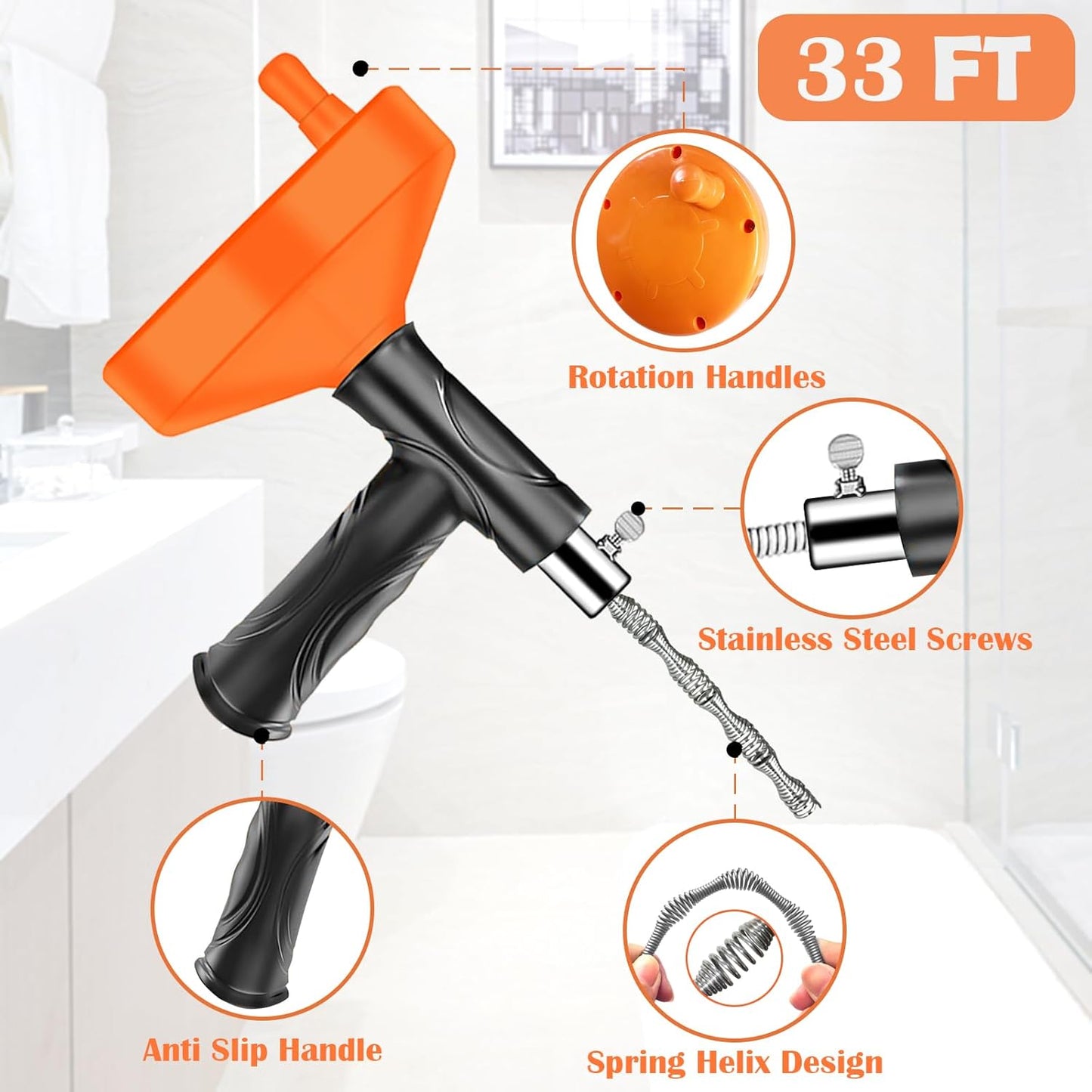 Drain Snake Auger 33 Ft, Heavy Duty Plumbing Snake for Toilet, Sink, Tub, and Shower, Clog Remover Drain Cleaner Tool with Gloves