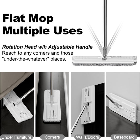 BOSHENG Flat Mop with Reusable Microfiber Pad, Flexible Mop Head for Efficient Cleaning, Ideal for Hardwood, Laminate, and Tile Surfaces - White