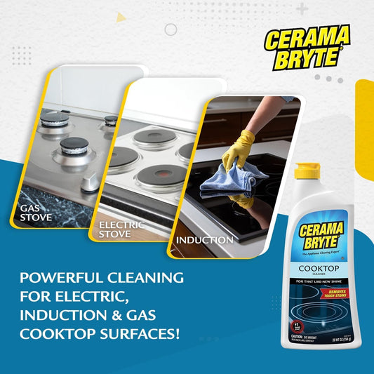 Cerama Bryte Ceramic Cooktop Cleaner (28 oz), Scraper and 5 Cleaning Pads Combo Kit