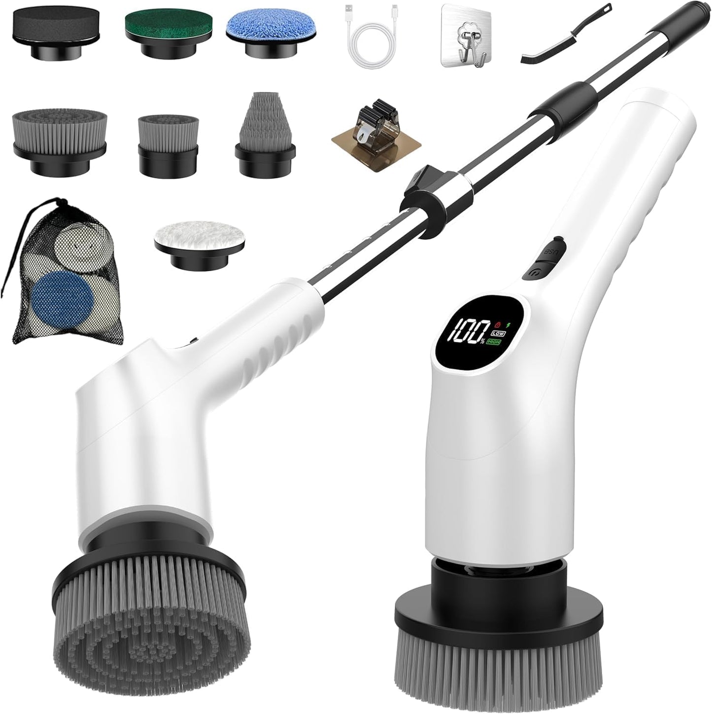Electric Spin Scrubber, Shower Scrubber with Long Handle Adjustable LCD Display, 2 Speed Shower Cleaner, 7 Replaceable Brush Heads Bathroom Cleaning Brush, Bath Tub Power Scrubbers Black G3