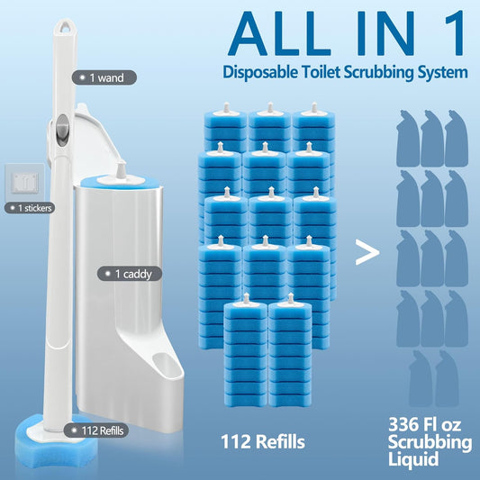 144 Count Disposable Toilet Brush Refills Compatible with Most Wands, Toilet Bowl Wand Refills-Blue Disposable Sponge Refill Heads Prefilled Cleaning Fluid for Bathroom Toilet Cleaning.