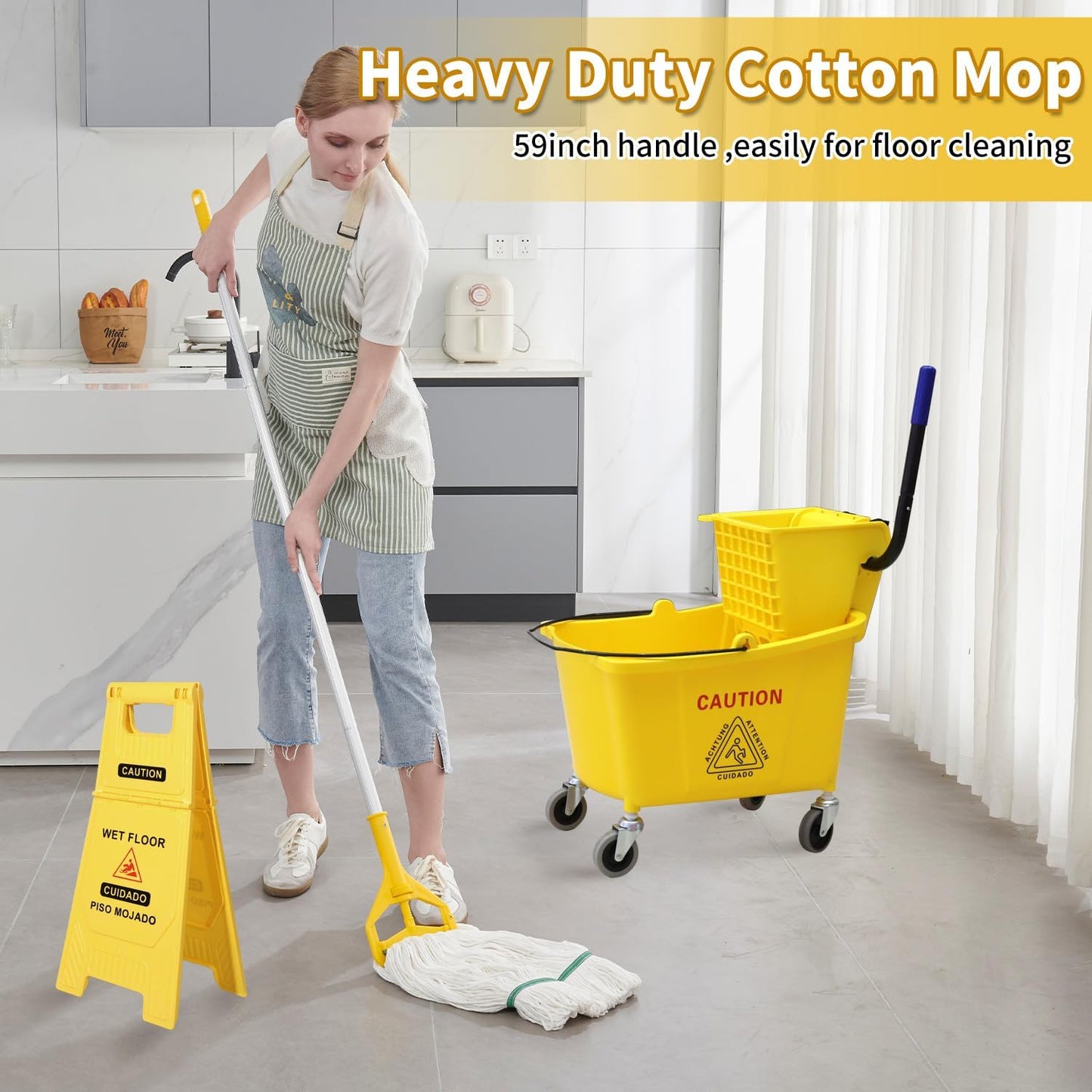 Midoneat Side Press Wringer Combo Commercial Mop Bucket on Wheels, 35 Quart,Yellow, Including Wet Floor Caution Sign(24Inch) and One Industrail Mop