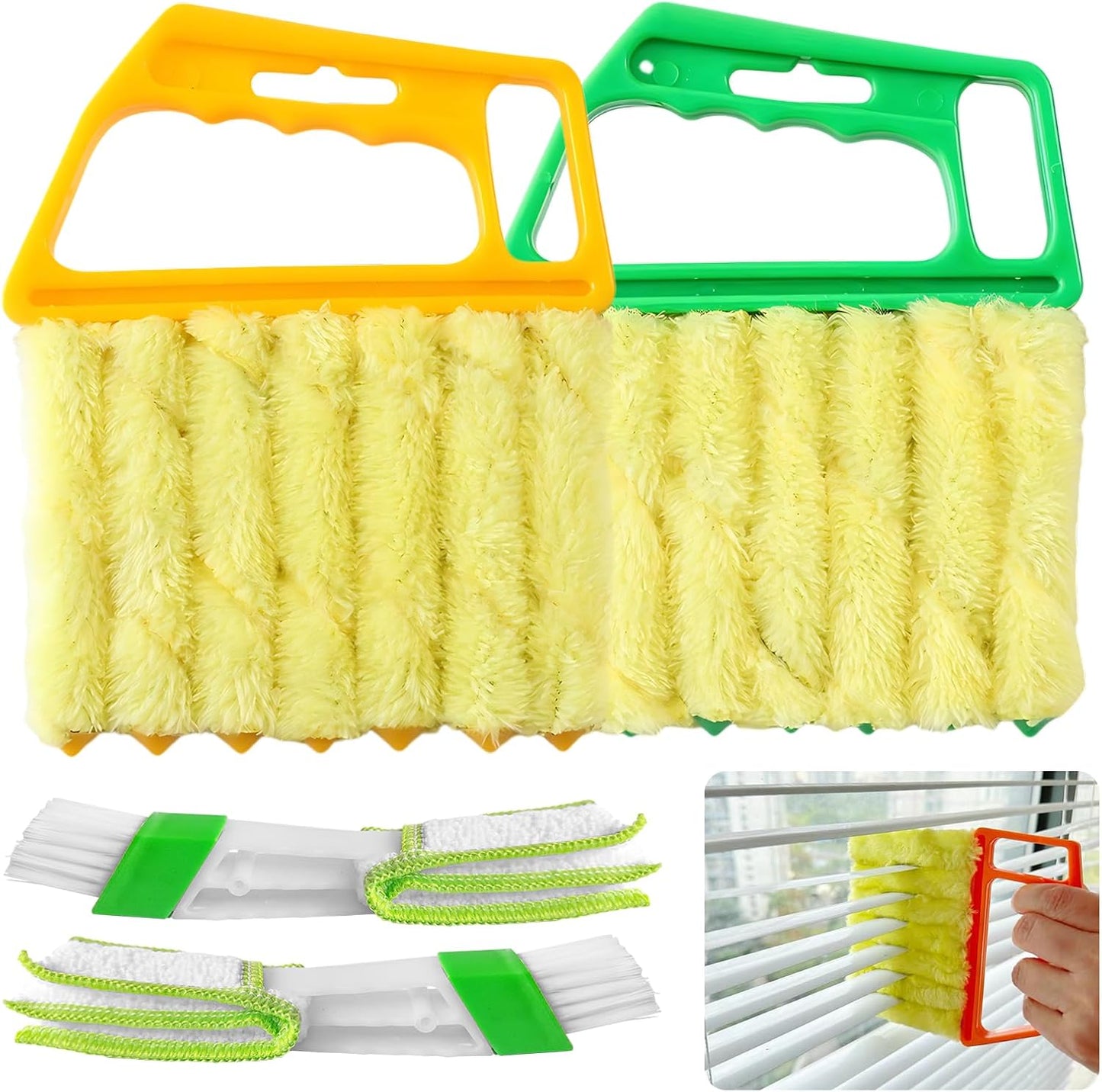 4Pcs Blind Cleaner Duster Tool Set with 7-Finger & 3-Finger Brushes,Washable Multi-Surface Dusting Kit for Wood Blinds, Venetian Blinds, AC Vents, Car Vents, Shutters & Fans (Yellow+Green)