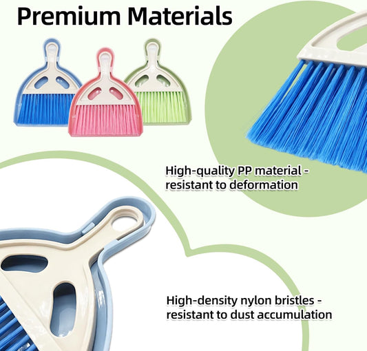 6Pcs Small Dust Pan and Brush Set with Cleaning Cloth - Blue & Green & Pink Brooms, Mini Hand Broom and Dustpan Set Whisk Dustpan Brush Kid Broom for Table Desk Car Keyboard