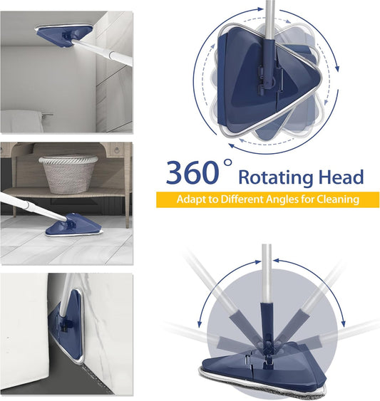 Wall Cleaner Mop with 82" Handle, 360° Rotating Triangle Head and Microfiber Pads, Built-in Squeegee for Ceiling Mop, Baseboard Cleaning and Windows