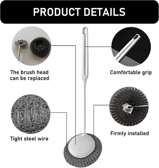 Stainless Steel Wool Metal Wire Scrubber Sponge Scouring Pads Brush Set with Handle for Cleaning Dishes,Pots and Pans,Kitchen Cast Iron,Stoves, Sink,Cooking Tools,Silver(7pcs)