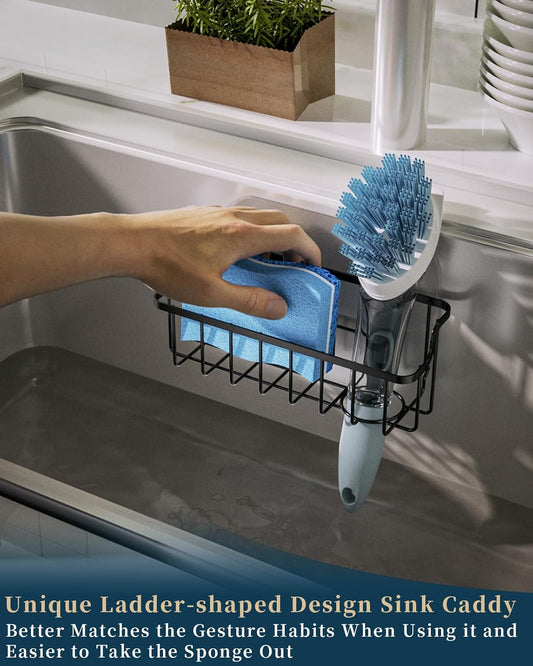 Consumest Sponge Holder Sink Caddy - Ladder Shaped Sponge Holder for Kitchen Sink with 2 Installation Ways (Suction Cups & Adhesive Hook), Rustproof Stainless Steel Kitchen Organizer, Silver