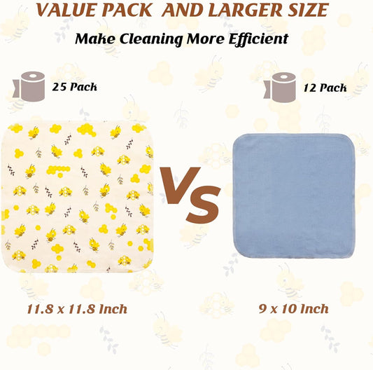 Paper Towels Washable Roll: 25Pack Cotton Cloth Paper Towels 11.8x11.8In Absorbent Soft Flannel Paperless Towels Alternative for Kitchen Reusable Napkins Zero Waste (Flower, Large)