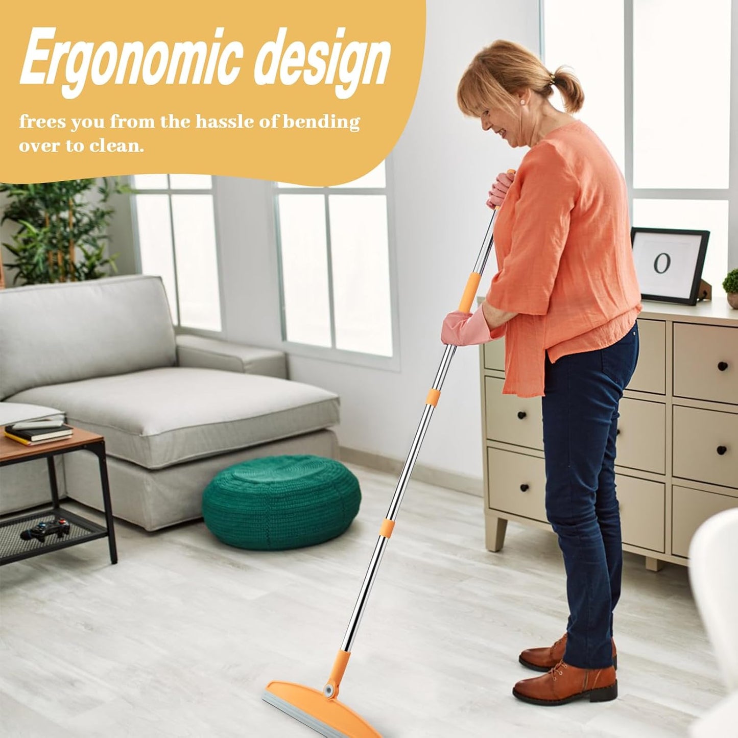 Silicone Air Broom,Multifunction Broom with Long Handle,Adjustable Rubber Squeegee Sweeping Water for Indoor Hardwood Floors,Kitchen,Concrete Floor,Bathroom Tile(Gray Yellow)