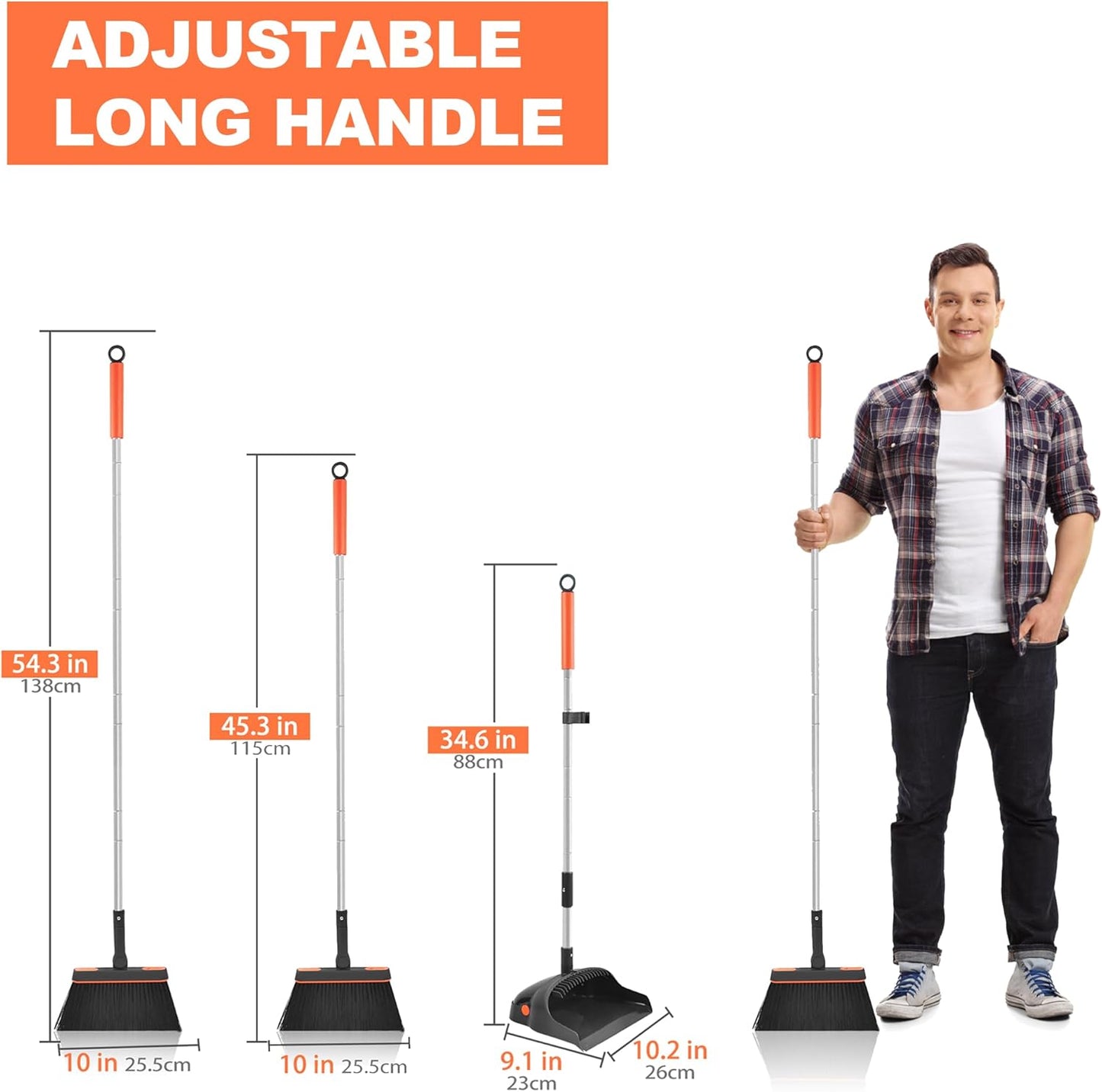 Broom with Dustpan Combo Set, 54'' Extendable Long Handle Broom, 180 Degree Rotating Brush Indoor Sweeping, Dustpan with Comb Teeth, Ideal for Home, Kitchen, Lobby, and Office