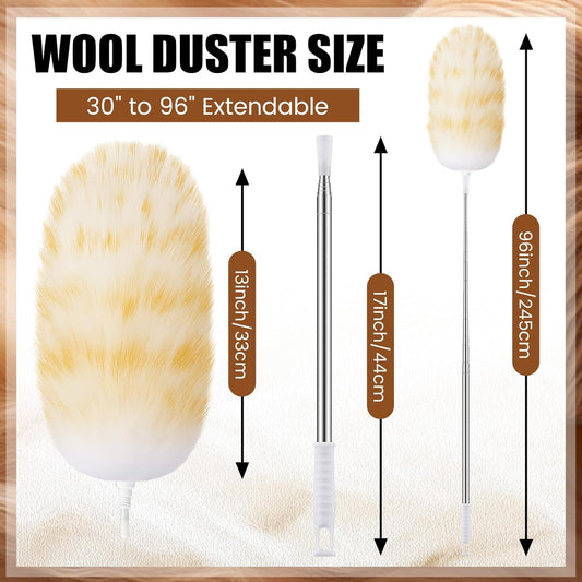 Remerry Extendable Lambswool Cleaning Duster 30-96 Inch, Wall Duster Cleaner with Stainless Steel Extension Pole for High Ceiling Fan, Interior, and Roof Dusting